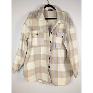 BTFBM Shacket Jacket Women 2XL Ivory Lavender Plaid Fleece Oversized Pockets